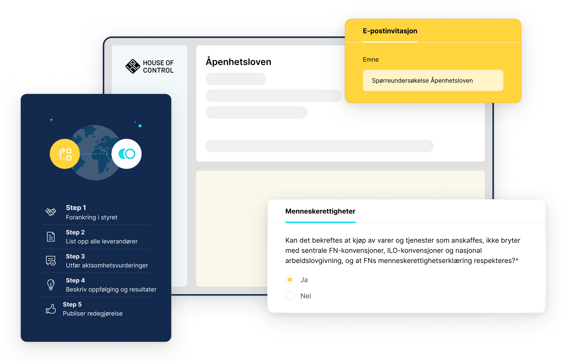 Illustration av en CSDDD-programvara som visar steg, leverantörsöversikt, e-postinbjudan och fråga om mänskliga rättigheter. Illustration av en CSDDD-programvara som visar steg, leverantörsöversikt, e-postinbjudan och fråga om mänskliga rättigheter.