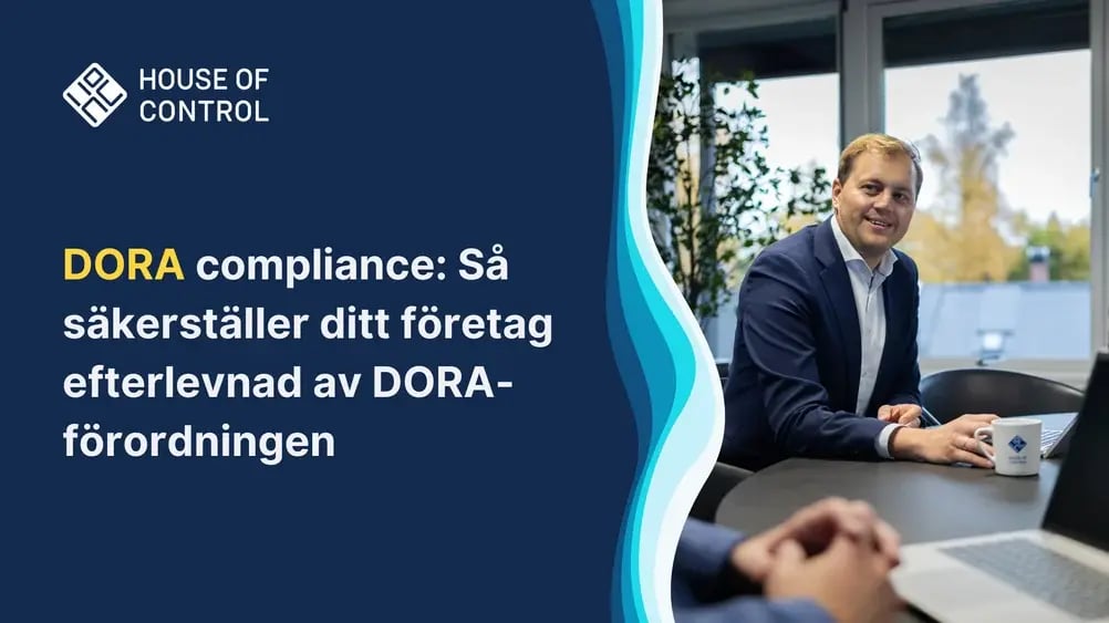 En mann i et möte på ett kontor. Text: DORA Compliance - Så säkerställer ditt företag efterlevnad av DORA-förordningen