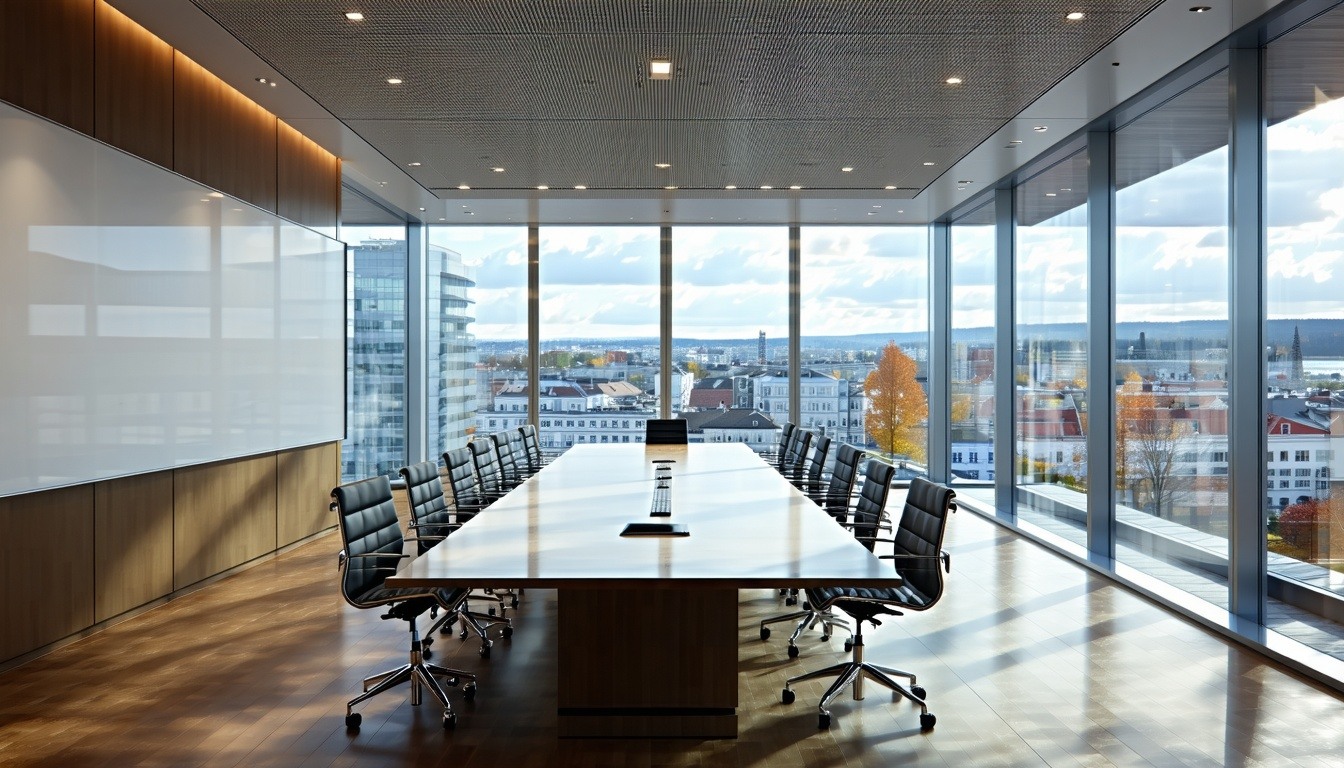Decorative image of an office, with a city view from the windows