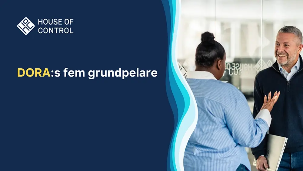 Kvinna och man på ett kontor som pratar med varandra. Text: DORAs fem grundpelare