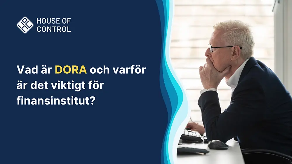 Man med glasögon som tittar på en skärm. Text: Vad är DORA och varför är det viktigt